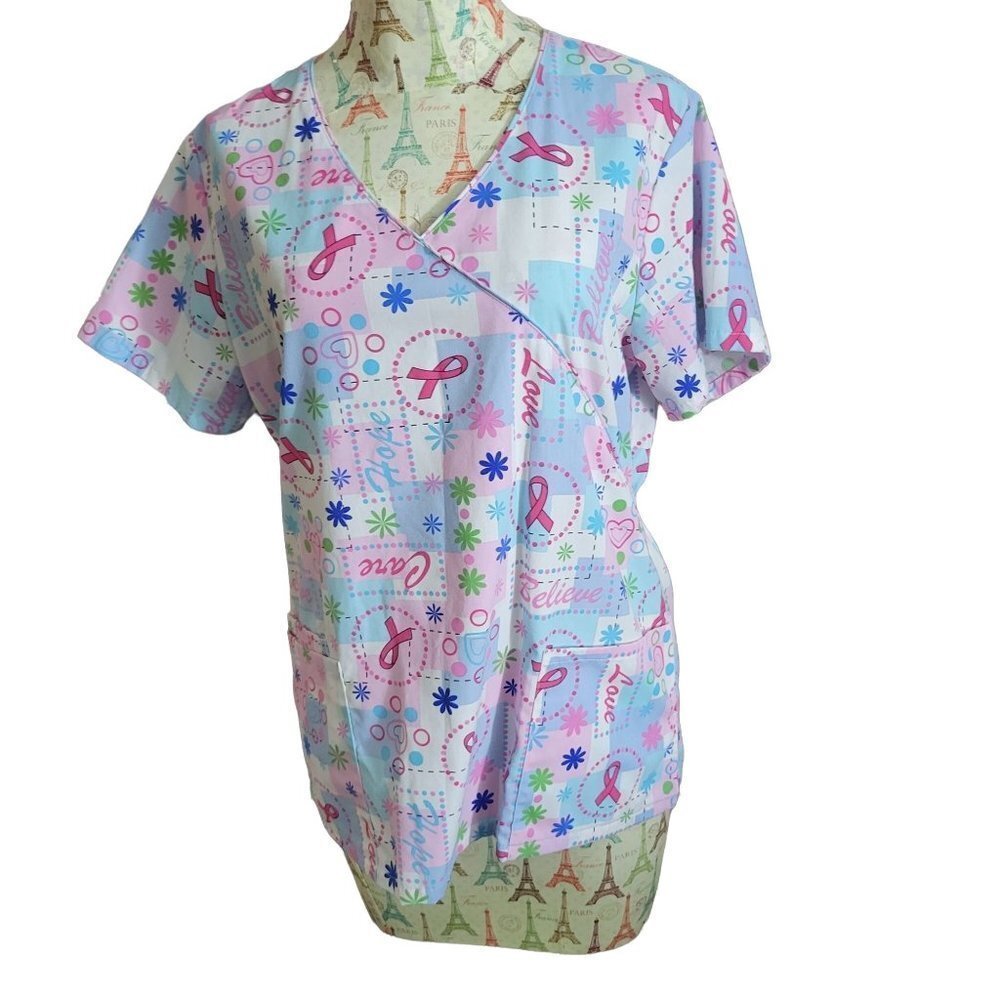 SB Scrubs Sz M Breast Cancer Awareness Vneck Back Tie Waist SS Novelty Scrub Top